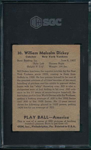 1939 Play Ball #30 Bill Dickey SGC 2