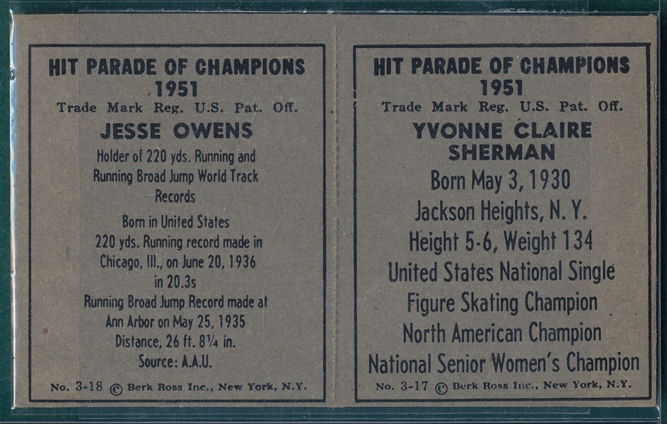 1951 Berk Ross Sherman/Jesse Owens, Two Card Panel