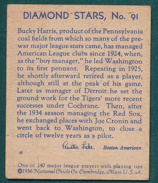 1934-36 Diamond Stars #91 Bucky Harris 