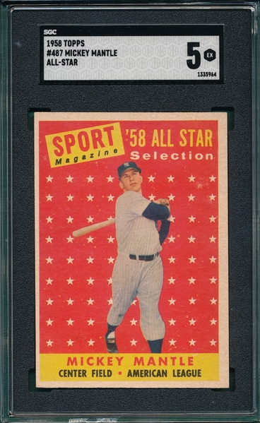 1958 Topps #487 Mickey Mantle, AS, SGC 5