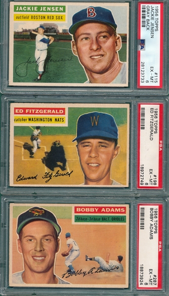 1956 Topps #115 Jensen, #198 Fitzgerald & #287 Adams, Lot of (3) PSA 6 