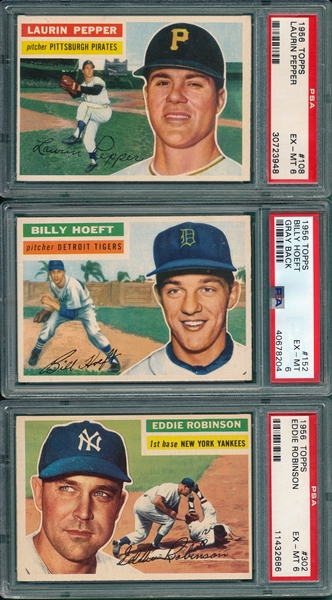 1956 Topps #108 Pepper, 152 Hoeft & #302 E. Robinson, Lot of (3) PSA 6 