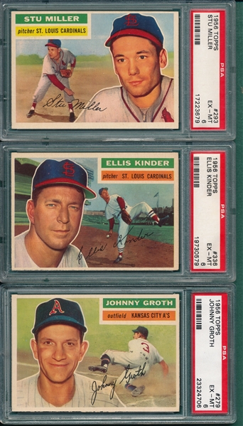 1956 Topps #279 Groth, #293 Stu Miller & #336 Kinder, Lot of (3) PSA 6 