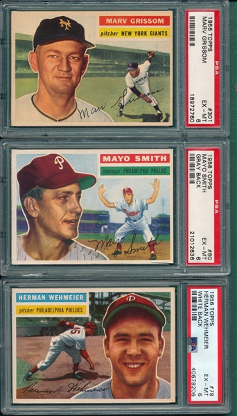 1956 Topps #60 Mayo Smith, #78 Wehmeier & #301 Grissom, Lot of (3) PSA 6 