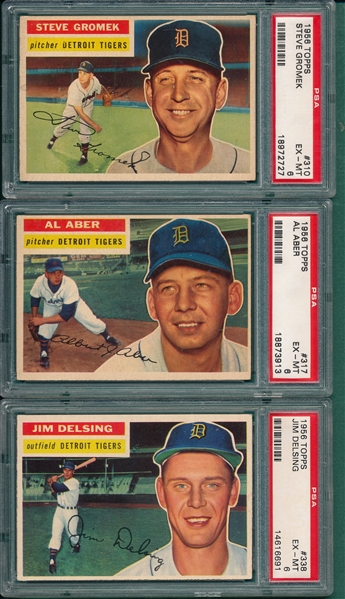 1956 Topps #310 Gromek, #317 Aber & #338 Delsing, Lot of (3) Tigers, PSA 6 