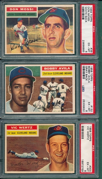 1956 Topps #39 Mossi, #132 Avila & #300 Wertz, Lot of (3) Indians, PSA 6 