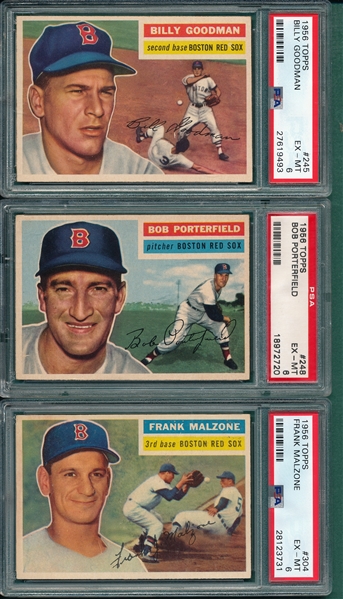 1956 Topps #245 Goodman, #248 Porterfield & #304 Malzone, Lot of (3) Red Sox, PSA 6 