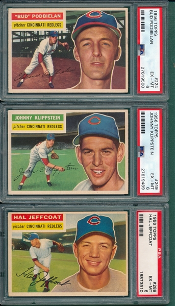 1956 Topps #224 Podbielan, #249 Klippstein & #289 Jeffcoat, Lot of (3) Reds, PSA 6 