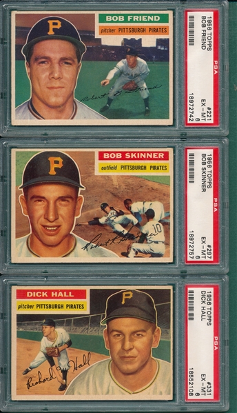 1956 Topps #221 Friend, #297 Skinner & #331 Hall, Lot of (3) Pirates, PSA 6 