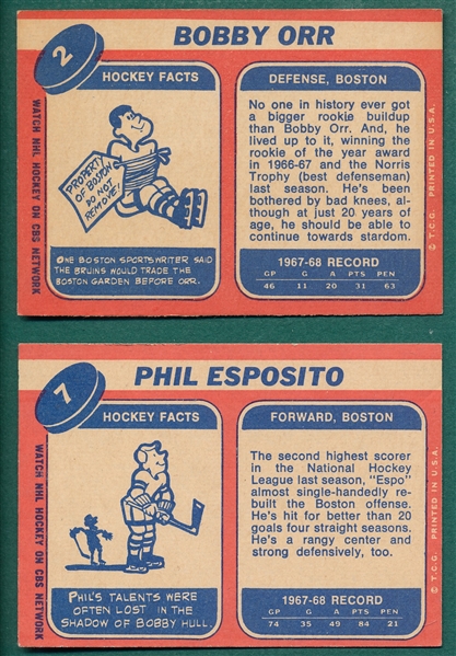 1968 Topps Hockey #7 Phil Esposito & #2 Bobby Orr, Lot of (2)