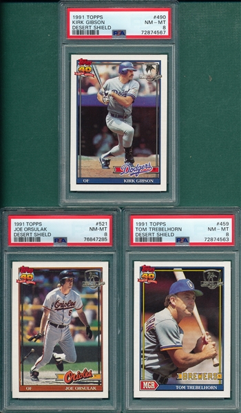 1991 Topps Desert Shield #459, 521 & 490 Kirk Gibson, Lot of (3) PSA 8