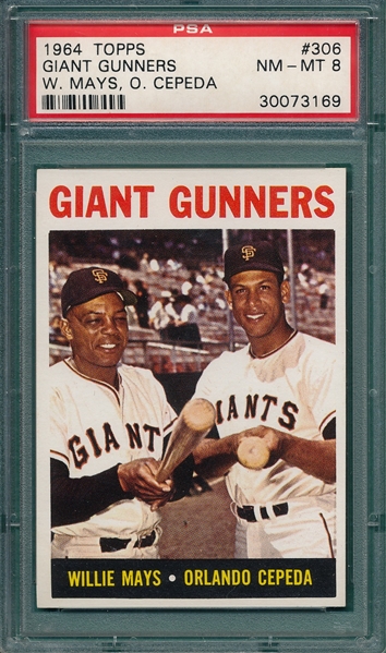 1964 Topps #306 Giant Gunners W/ Cepeda & Mays PSA 8 