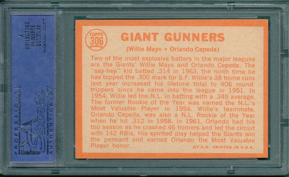 1964 Topps #306 Giant Gunners W/ Cepeda & Mays PSA 8 