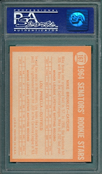 1964 Topps #167 Senators Rookies W/ Lou Pinella PSA 8 *Rookie*