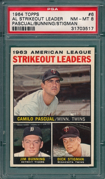 1964 Topps #6 AL Strikeout Leaders W/ Bunning, PSA 8 