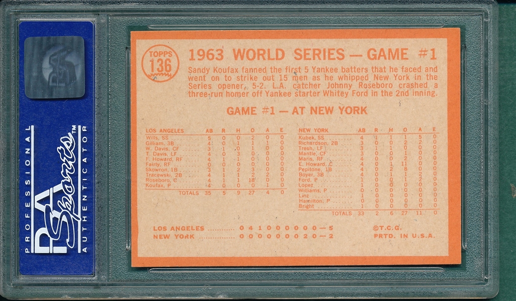 1964 Topps #136 WS Game #1 W/ Koufax, PSA 8 