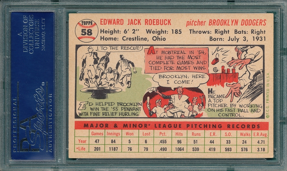 1956 Topps #58 Ed Roebuck PSA 6.5 *White*