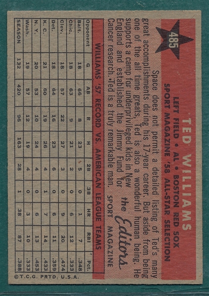 1958 Topps #485 Ted Williams, AS