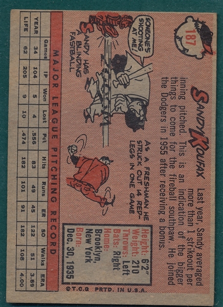 1958 Topps #187 Sandy Koufax