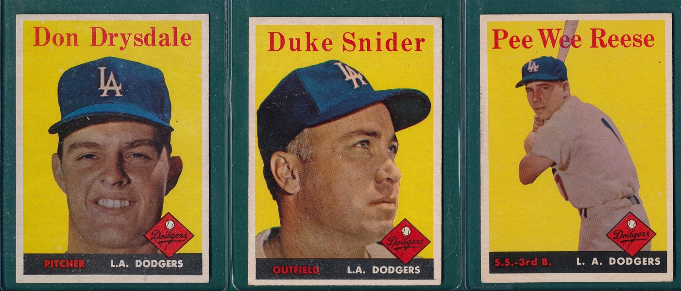 1958 Topps #25 Drysdale, #88 Snider & #375 Reese, Lot of (3)