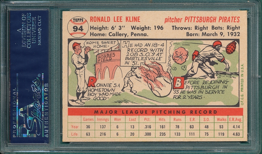 1956 Topps #94 Ronnie Kline PSA 7 *White*