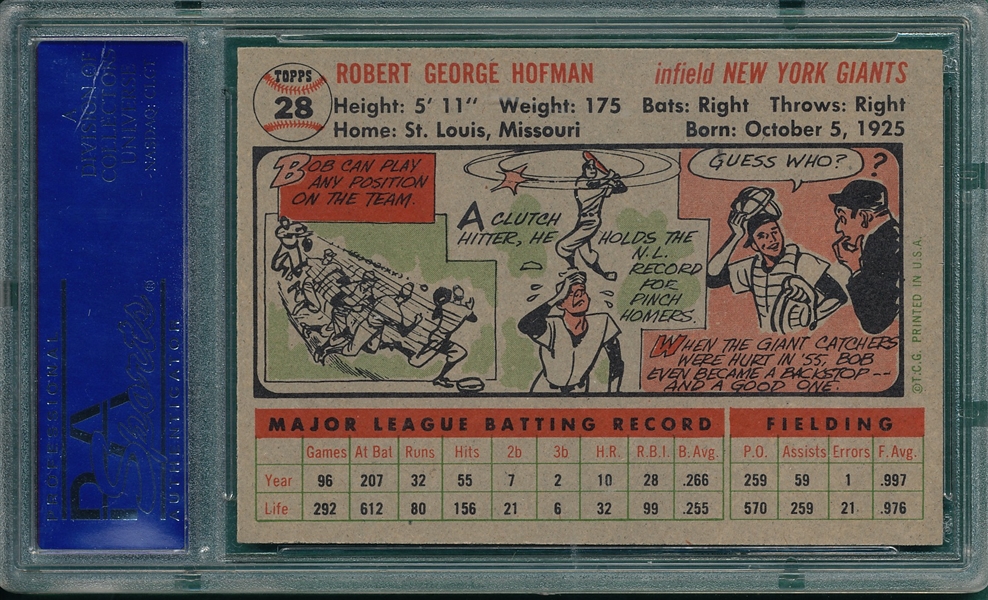 1956 Topps #28 Bobby Hofman PSA 7 *Gray*