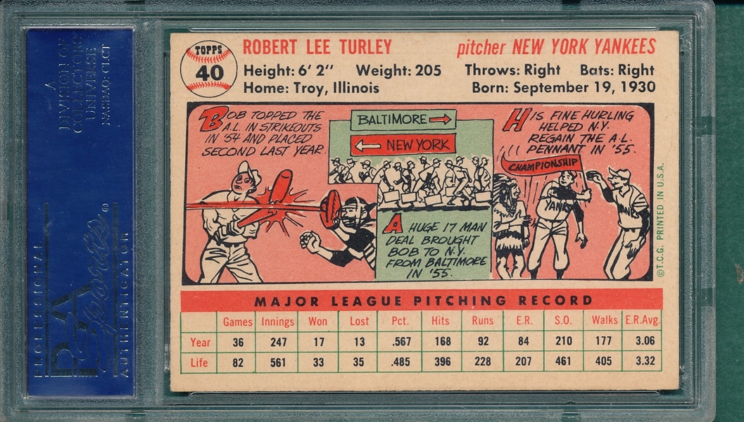 1956 Topps #40 Bob Turley PSA 7 *White*