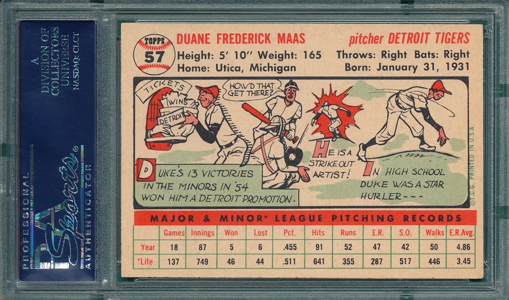 1956 Topps #57 Duke Maas PSA 7 *White*