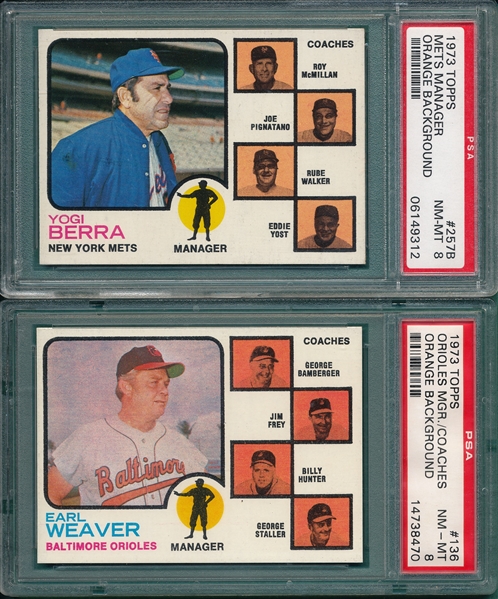 1973 Topps #136 Weaver & #257 Berra, Lot of (2) PSA 8