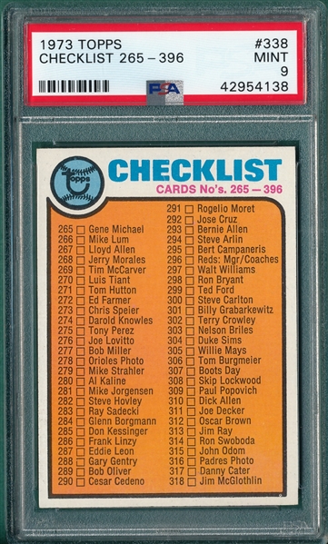 1973 Topps #338 Checklist 265-396, PSA 9