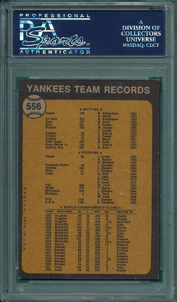 1973 Topps #556 Yankees Team, PSA 9