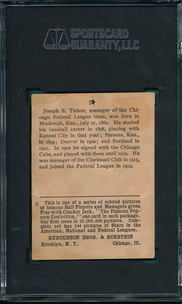 1914 Cracker Jack #3 Joe Tinker SGC 1 *Federal League*