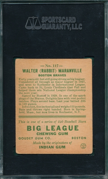 1933 Goudey #117 Walter Maranville SGC 40