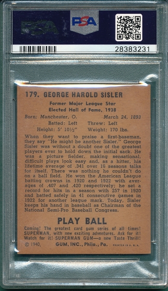 1940 Play Ball #179 George Sisler PSA 5