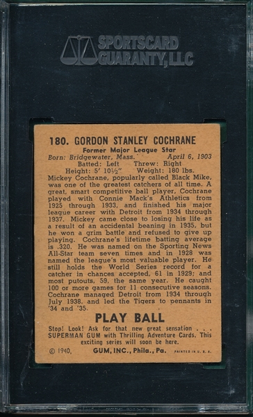 1940 Play Ball #180 Mickey Cochrane SGC 3