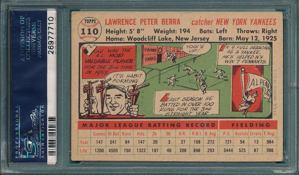 1956 Topps #100 Yogi Berra PSA 3 *White*