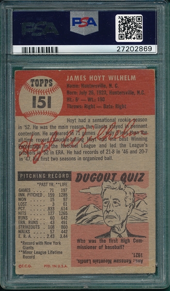 1953 Topps #151 Hoyt Wilhelm PSA 4