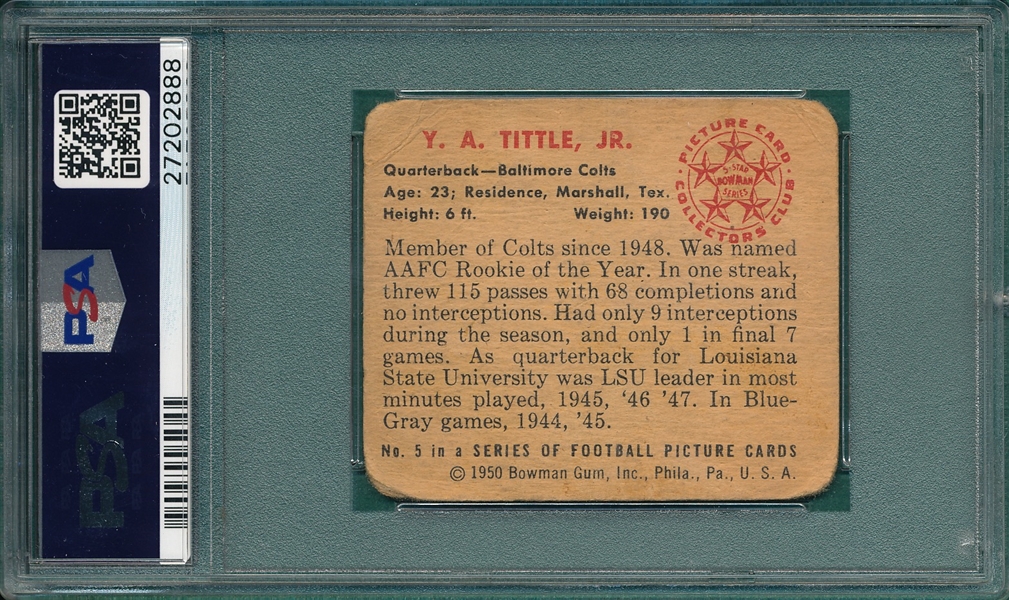 1950 Bowman Football #5 Y. A. Tittle PSA 1 *Rookie*