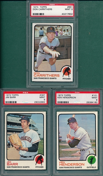 1973 Topps #101 Henderson, #387 Barr & #651 Carrithers, Lot of (3), PSA 9