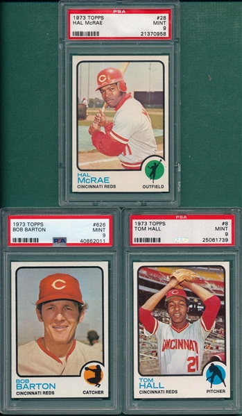 1973 Topps #8 Hall, #28 McRae & #626 Barton, Lot of (3), PSA 9