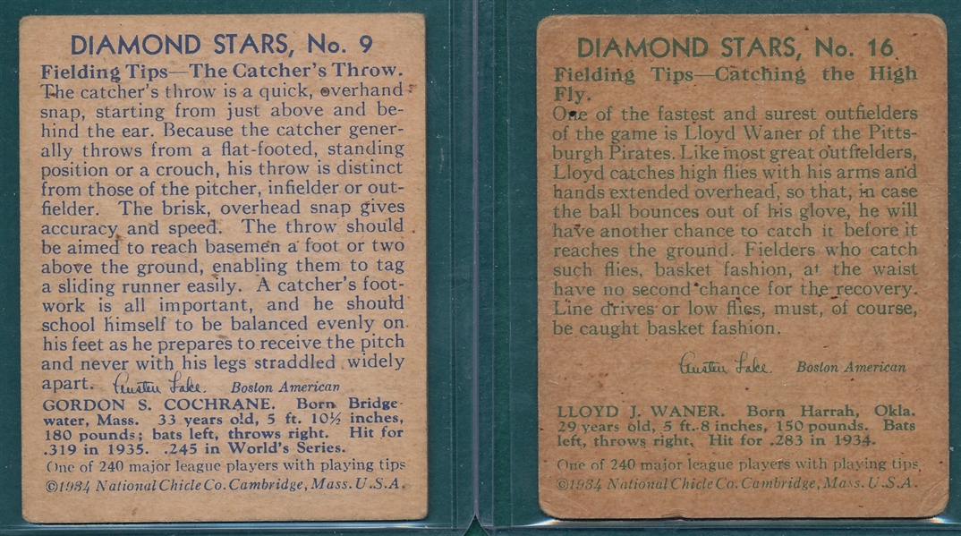 1934-36 Diamond Stars #9 Cochrane & #16 L. Waner, Lot of (2)