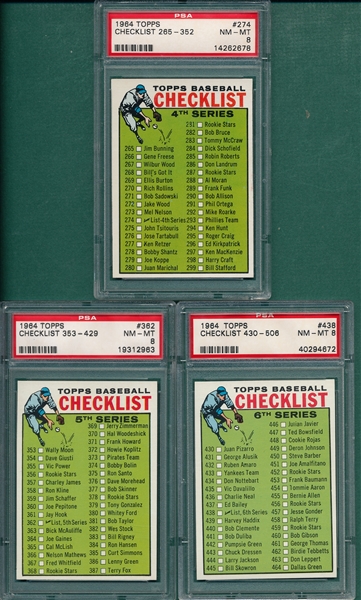 1964 Topps Lot of (3) Checklists, #274, #362 & #438, PSA 8 