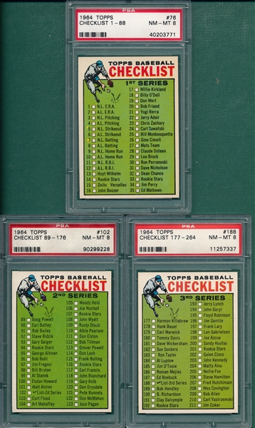 1964 Topps Lot of (3) Checklists, #76, #102 & #188, PSA 8 