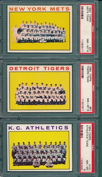 1964 Topps Lot of (3) Team Cards, #27 Mets, #67 Tigers & #151 Athletics, PSA 8 