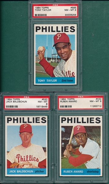 1964 Topps Lot of (3) Phillies W/ #585 Tony Taylor PSA 8 