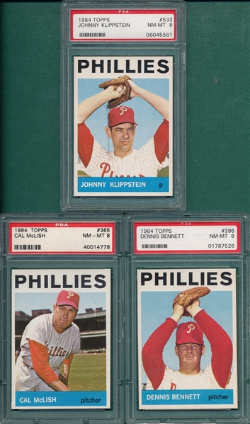 1964 Topps Lot of (3) Phillies W/ #533 Klippstein PSA 8 