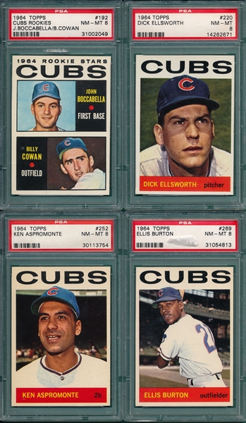 1964 Topps Lot of (4) Cubs W/ #269 Burton PSA 8 