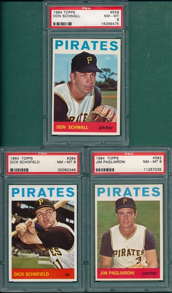 1964 Topps Lot of (3) Pirates W/ #558 Schwall PSA 8 