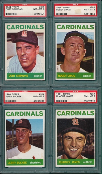 1964 Topps Lot of (4) Cardinals W/ #385 Simmons PSA 8 