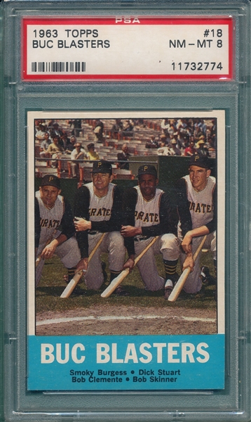 1963 Topps #18 Buc Blasters W/ Clemente PSA 8